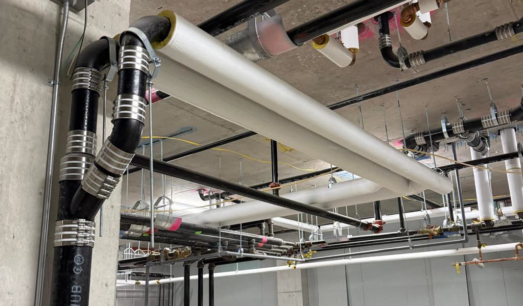 Insulated domestic water mains and a cast-iron no-hub stack hung on a commercial ceiling